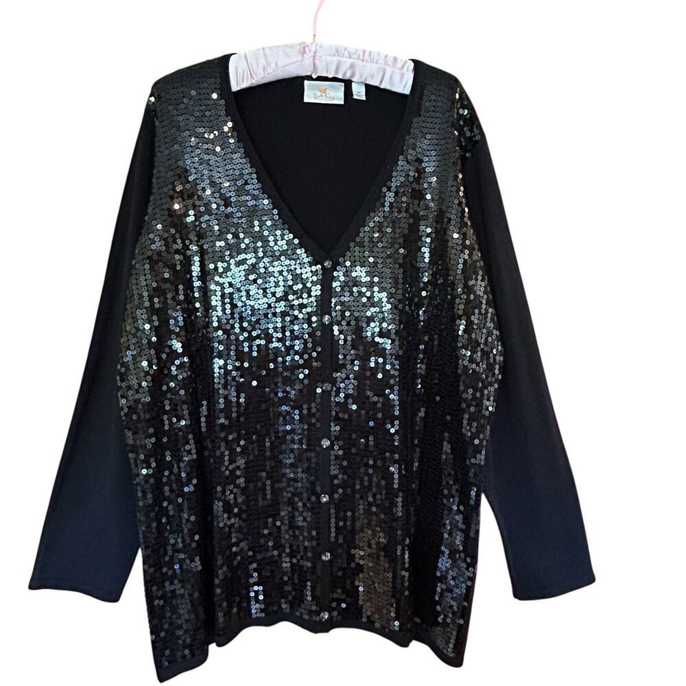 QUACKER FACTORY Women's LS Black Sequin Cardigan & Matching Sleeveless Top 1X